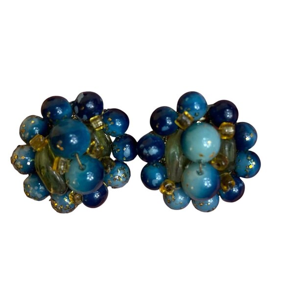 Mid-Century Cluster Earrings - Gold speckled blue-green-teal beads - JAPAN - Picture 7 of 7